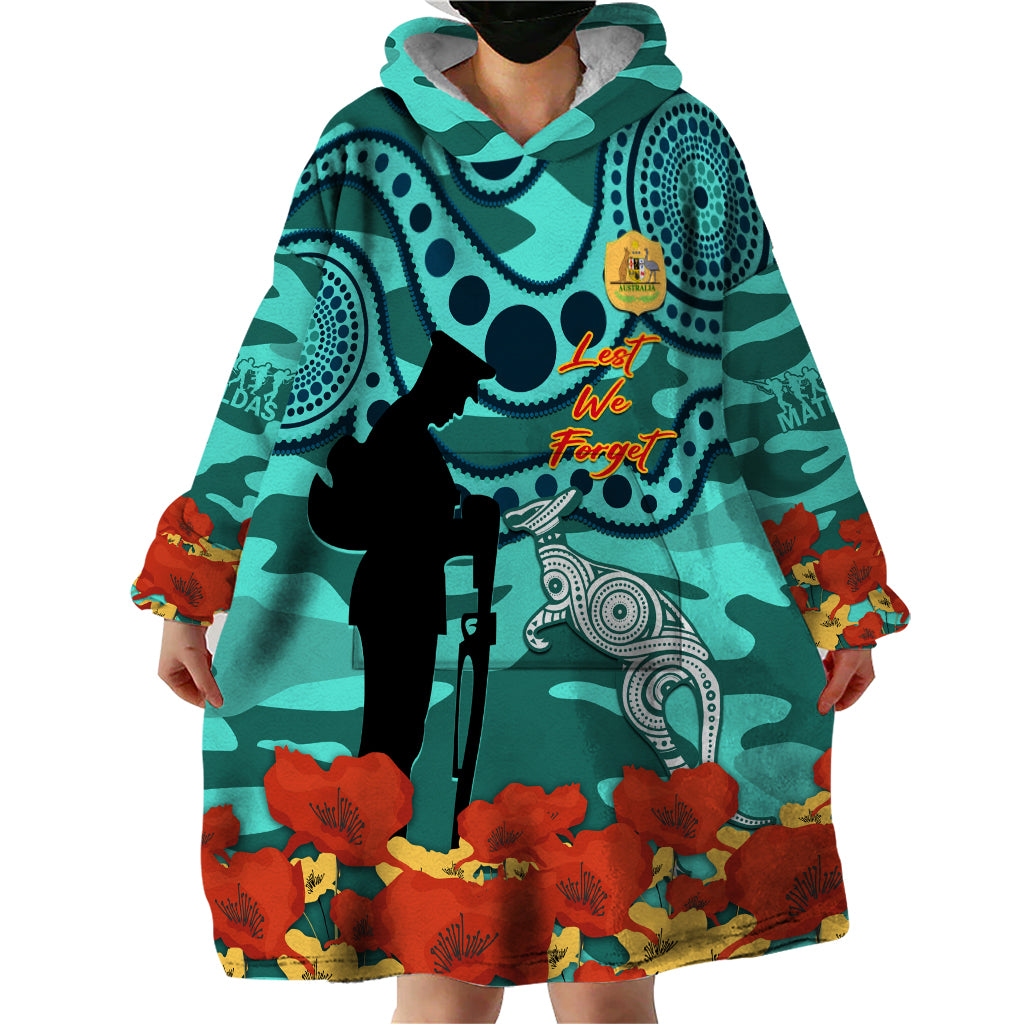 Custom Matildas ANZAC Day Wearable Blanket Hoodie Lest We Forget Poppies Mix Camouflage Turquoise