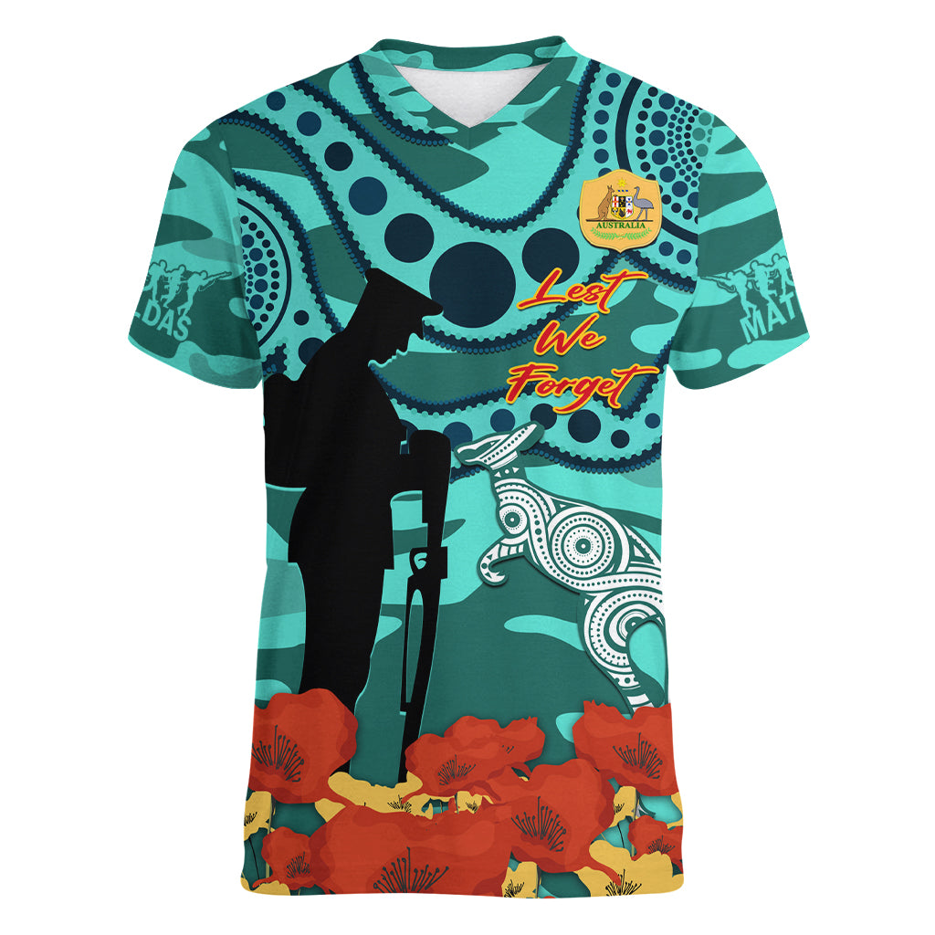 Custom Matildas ANZAC Day Women V Neck T Shirt Lest We Forget Poppies Mix Camouflage Turquoise