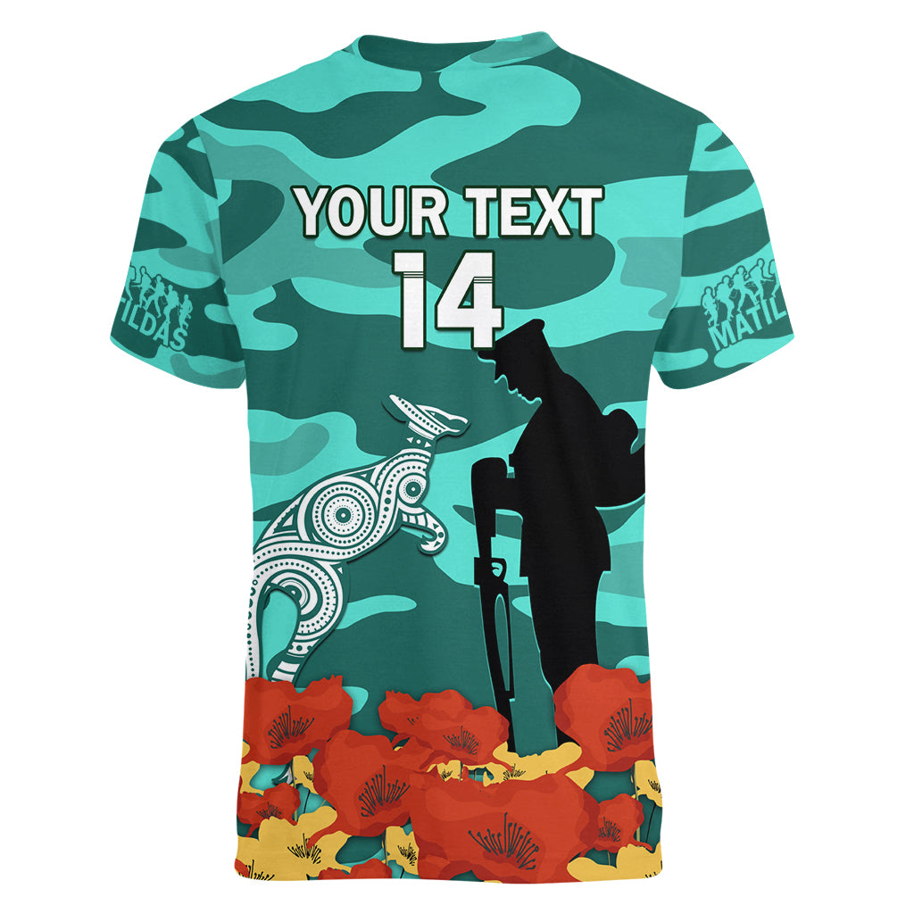 Custom Matildas ANZAC Day Women V Neck T Shirt Lest We Forget Poppies Mix Camouflage Turquoise