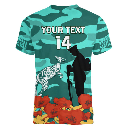 Custom Matildas ANZAC Day Women V Neck T Shirt Lest We Forget Poppies Mix Camouflage Turquoise
