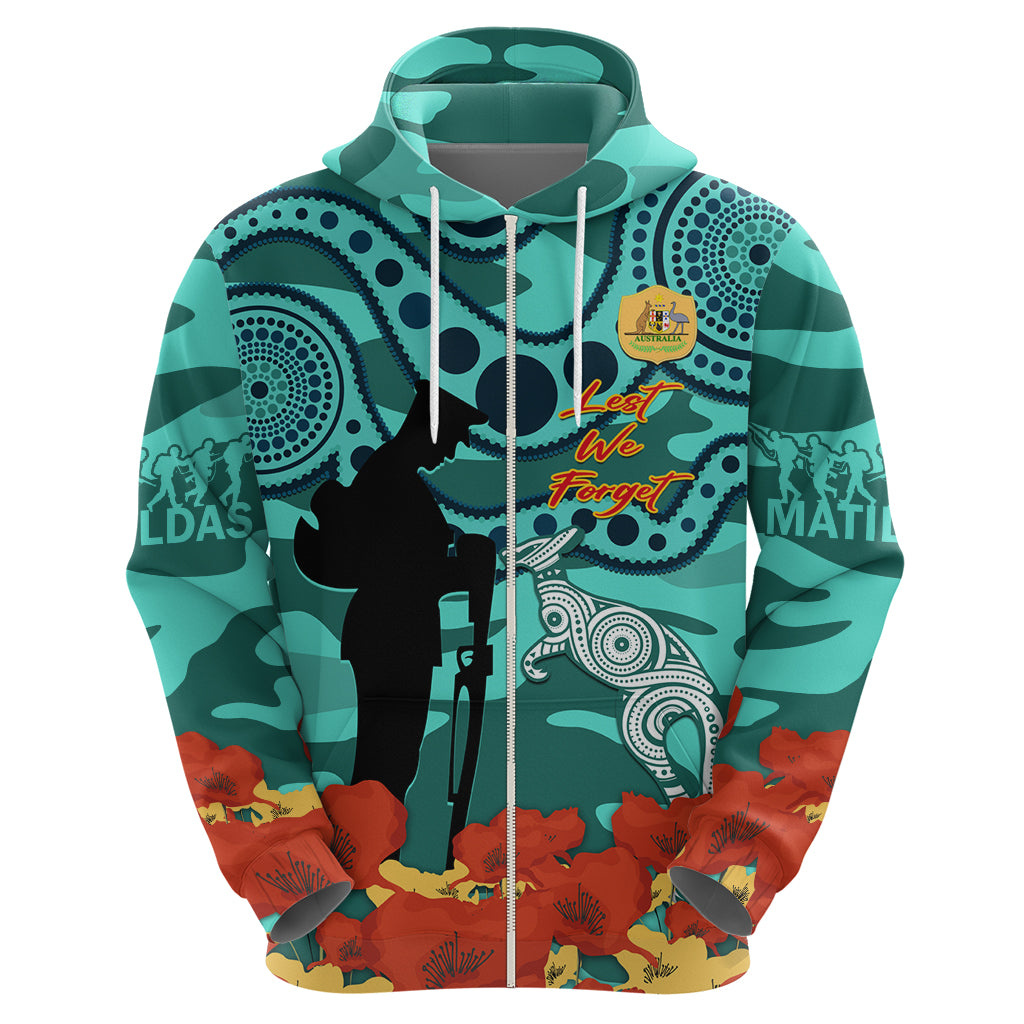 Custom Matildas ANZAC Day Zip Hoodie Lest We Forget Poppies Mix Camouflage Turquoise