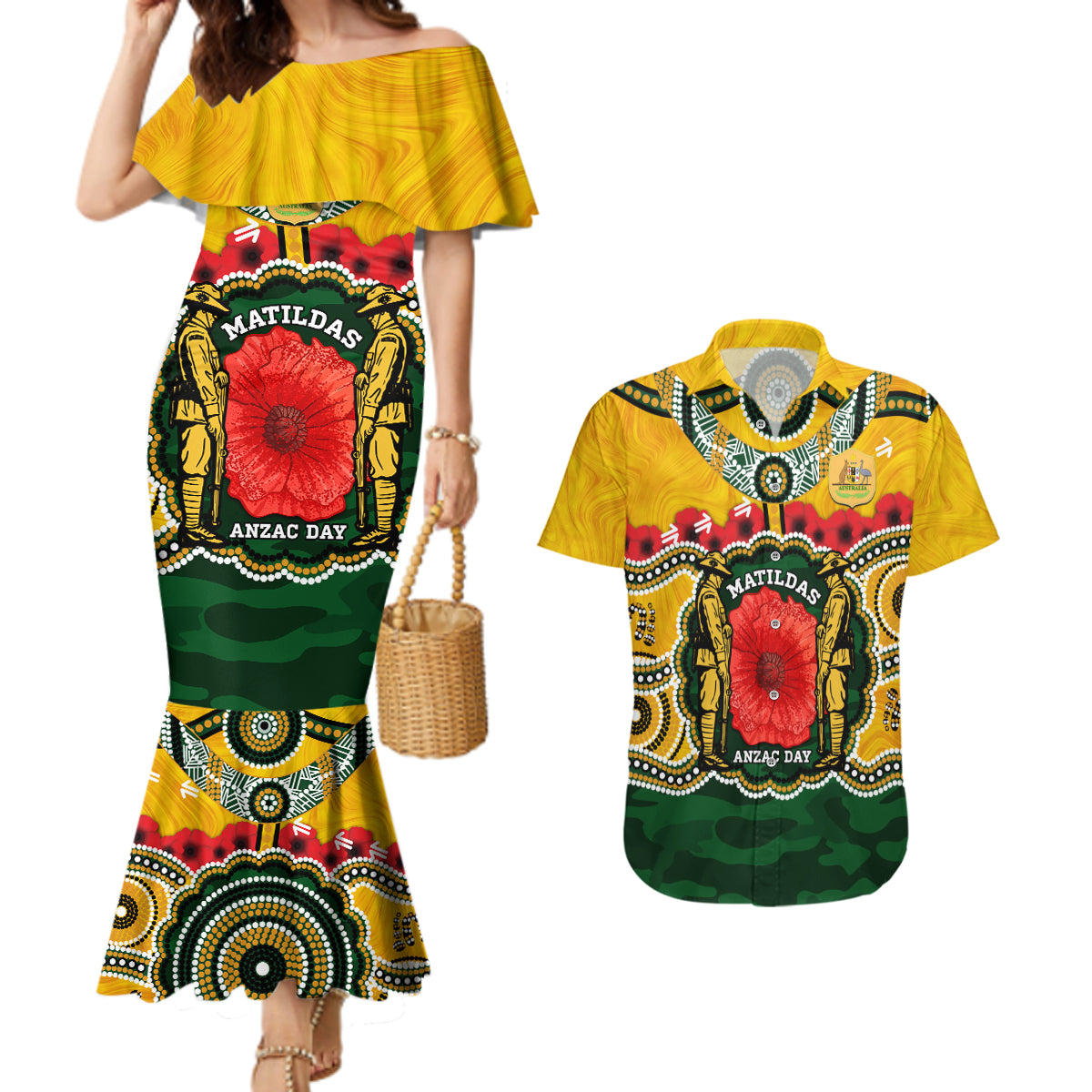 Matildas ANZAC Day 2024 Couples Matching Mermaid Dress and Hawaiian Shirt Australian Army We Will Remember Them Aboriginal Art