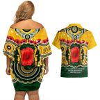 Matildas ANZAC Day 2024 Couples Matching Off Shoulder Short Dress and Hawaiian Shirt Australian Army We Will Remember Them Aboriginal Art