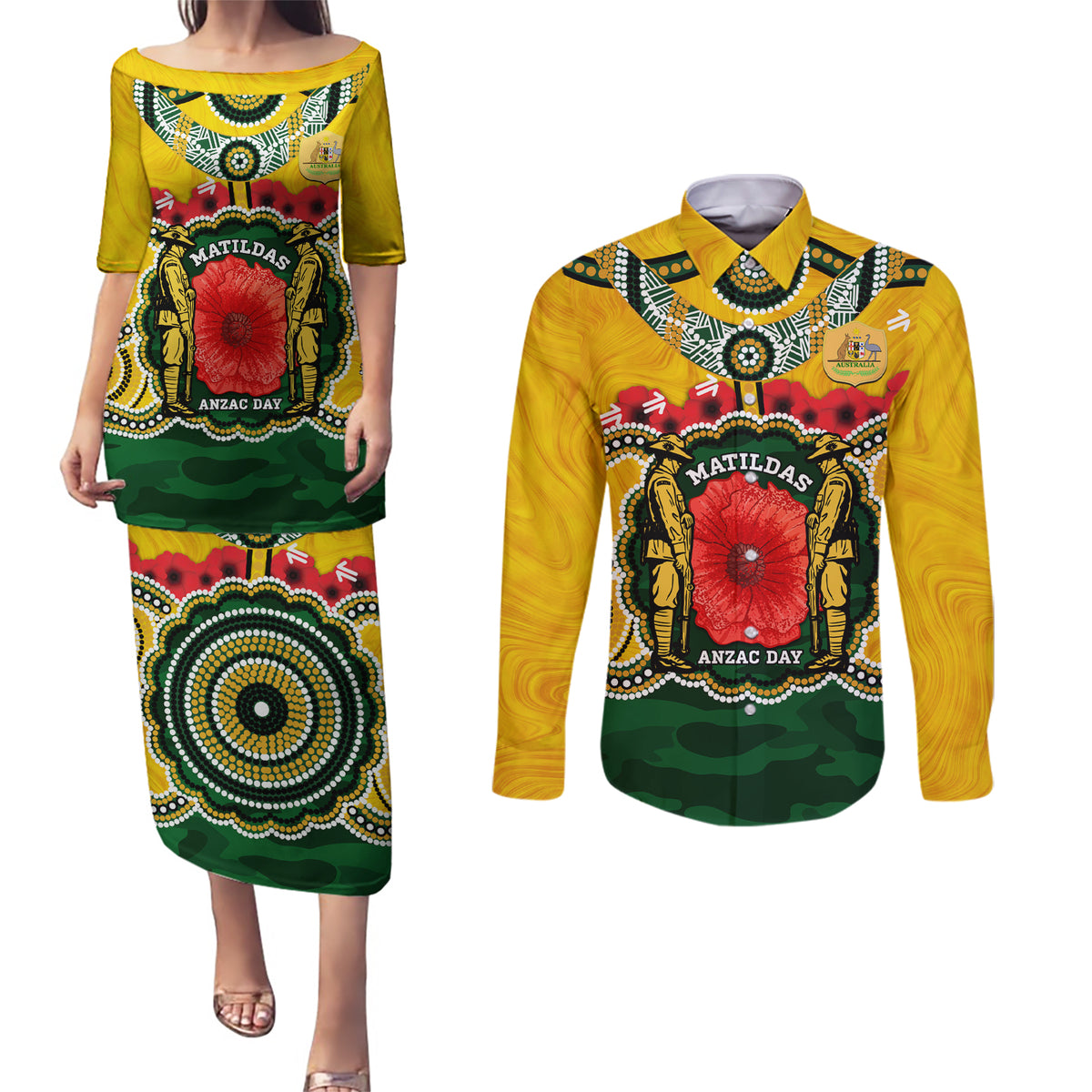 Matildas ANZAC Day 2024 Couples Matching Puletasi and Long Sleeve Button Shirt Australian Army We Will Remember Them Aboriginal Art