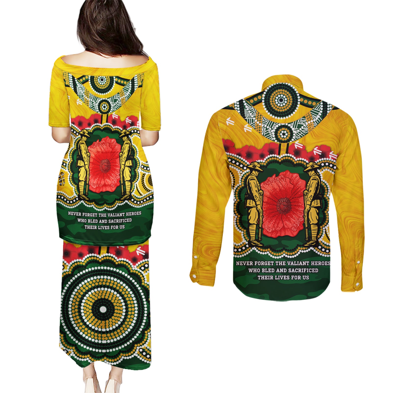 Matildas ANZAC Day 2024 Couples Matching Puletasi and Long Sleeve Button Shirt Australian Army We Will Remember Them Aboriginal Art