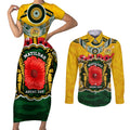 Matildas ANZAC Day 2024 Couples Matching Short Sleeve Bodycon Dress and Long Sleeve Button Shirt Australian Army We Will Remember Them Aboriginal Art