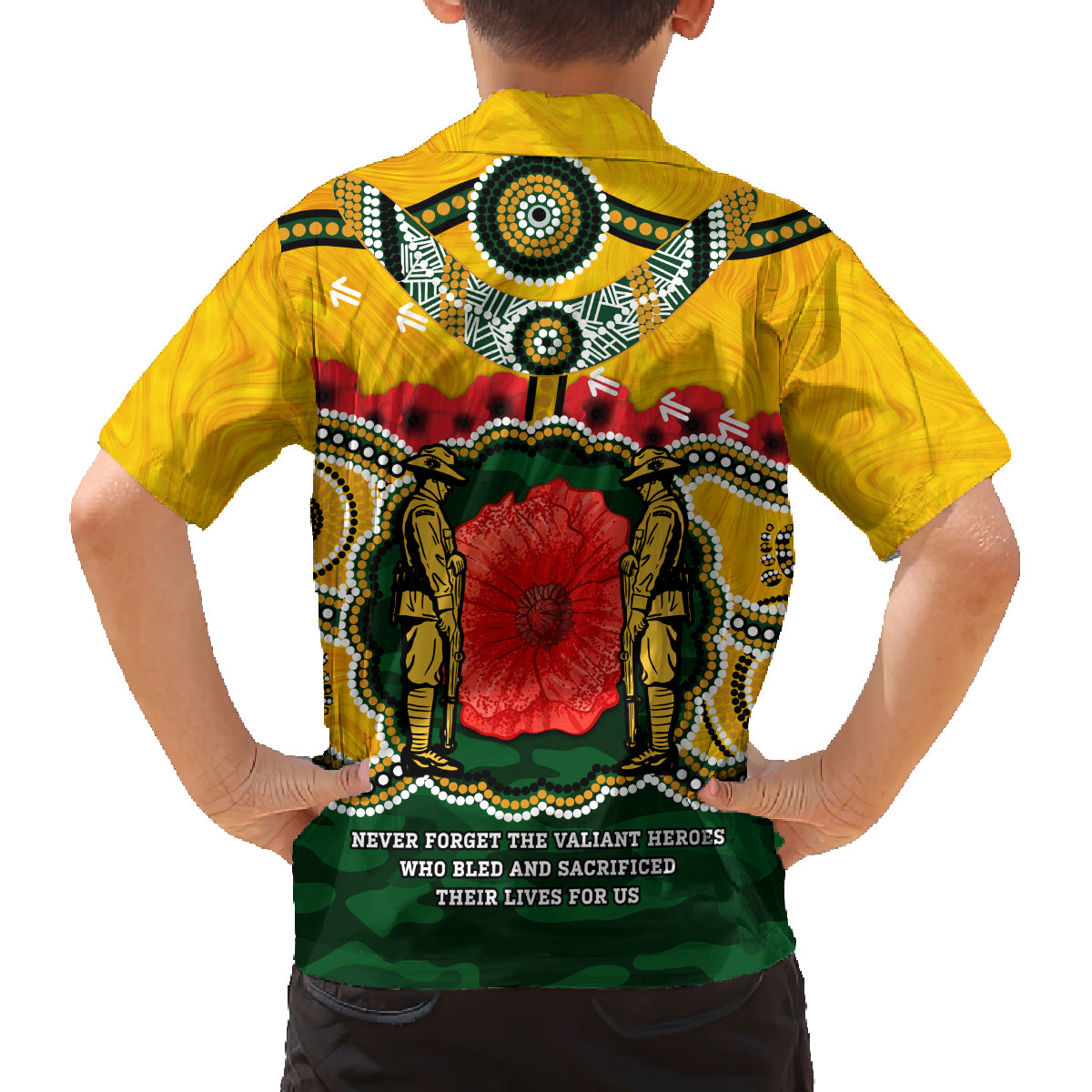 Matildas ANZAC Day 2024 Family Matching Off Shoulder Long Sleeve Dress and Hawaiian Shirt Australian Army We Will Remember Them Aboriginal Art