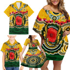Matildas ANZAC Day 2024 Family Matching Off Shoulder Short Dress and Hawaiian Shirt Australian Army We Will Remember Them Aboriginal Art