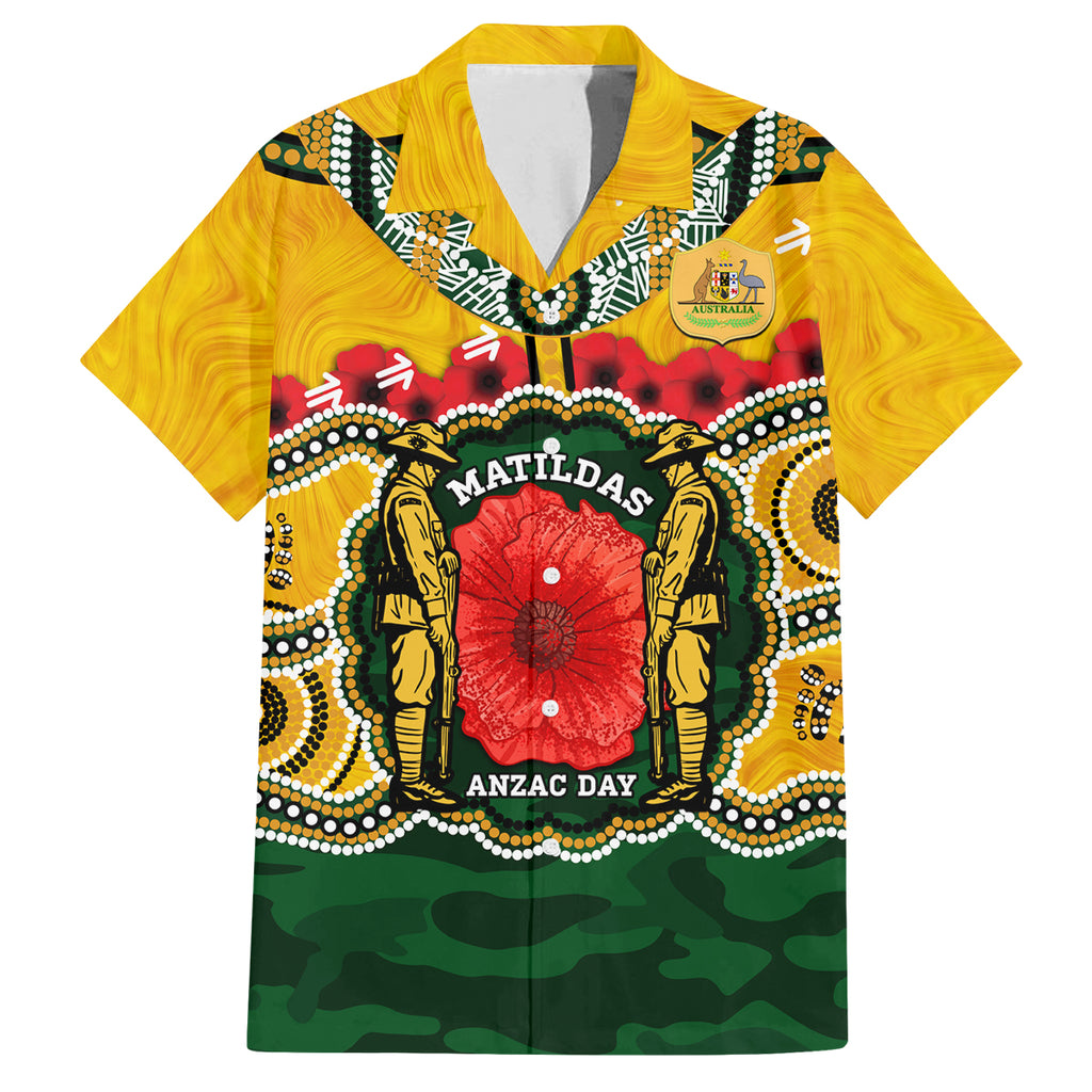 Matildas ANZAC Day 2024 Family Matching Off Shoulder Short Dress and Hawaiian Shirt Australian Army We Will Remember Them Aboriginal Art