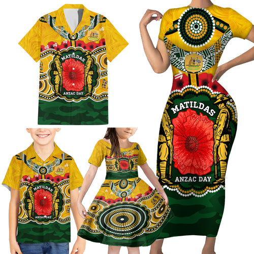 Matildas ANZAC Day 2024 Family Matching Short Sleeve Bodycon Dress and Hawaiian Shirt Australian Army We Will Remember Them Aboriginal Art