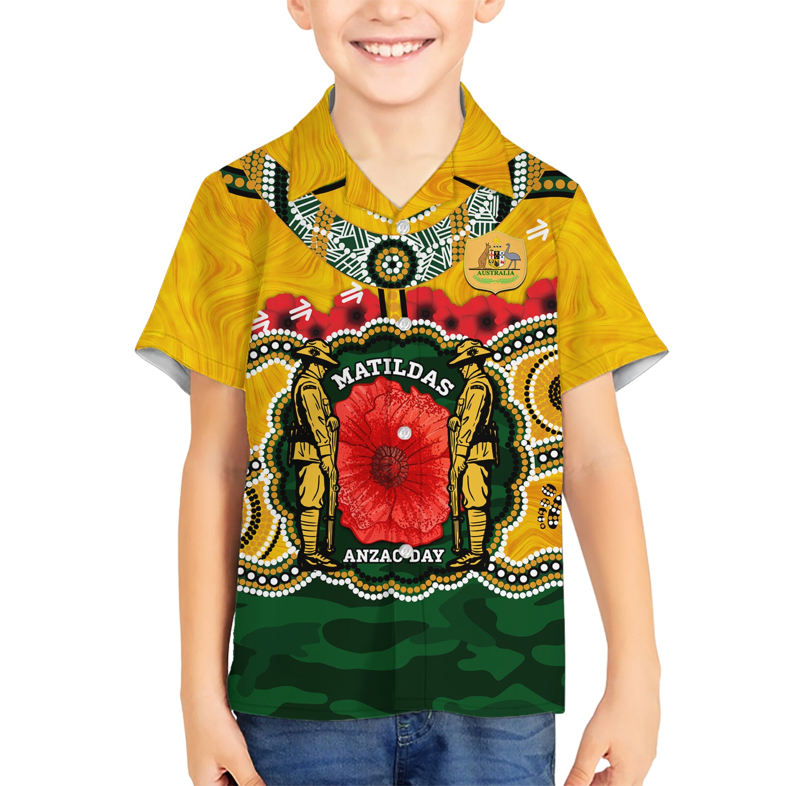 Matildas ANZAC Day 2024 Kid Hawaiian Shirt Australian Army We Will Remember Them Aboriginal Art