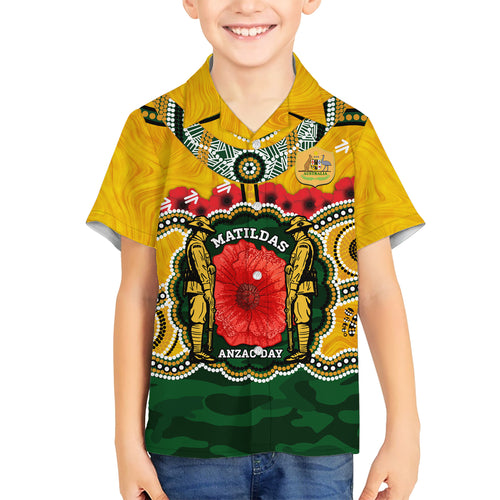 Matildas ANZAC Day 2024 Kid Hawaiian Shirt Australian Army We Will Remember Them Aboriginal Art