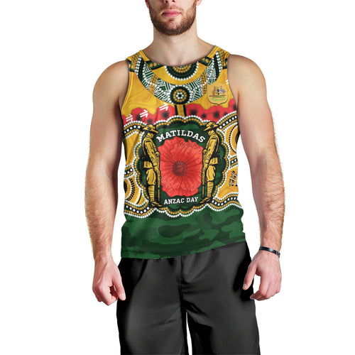 Matildas ANZAC Day 2024 Men Tank Top Australian Army We Will Remember Them Aboriginal Art