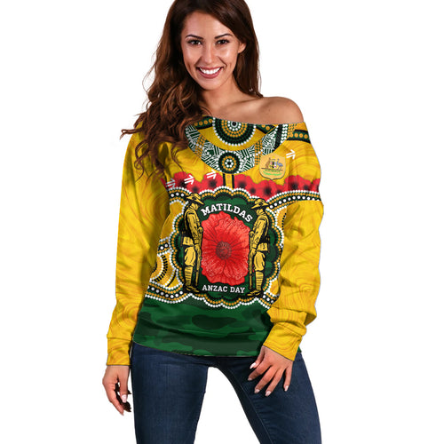 Matildas ANZAC Day 2024 Off Shoulder Sweater Australian Army We Will Remember Them Aboriginal Art