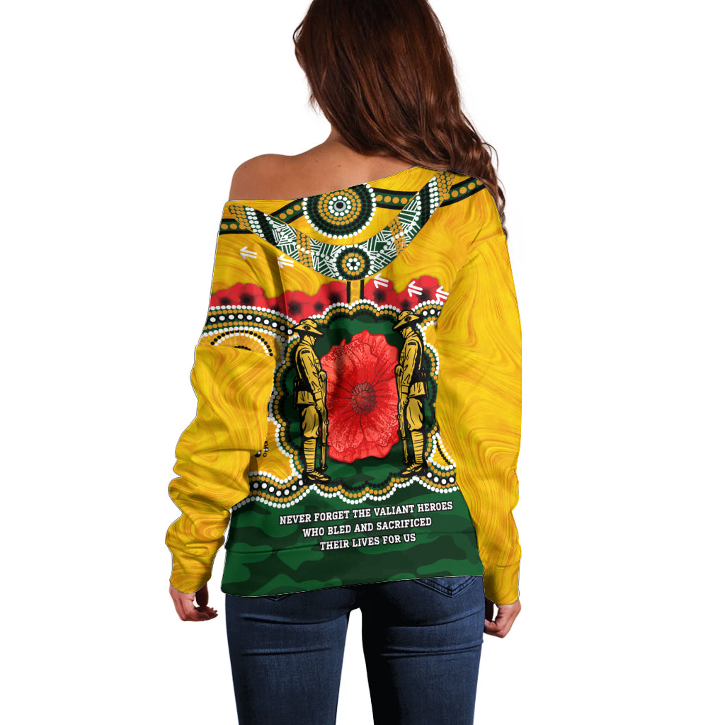 Matildas ANZAC Day 2024 Off Shoulder Sweater Australian Army We Will Remember Them Aboriginal Art