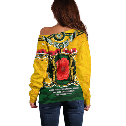 Matildas ANZAC Day 2024 Off Shoulder Sweater Australian Army We Will Remember Them Aboriginal Art