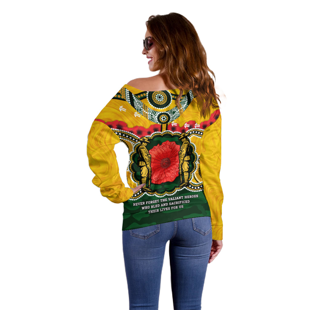 Matildas ANZAC Day 2024 Off Shoulder Sweater Australian Army We Will Remember Them Aboriginal Art