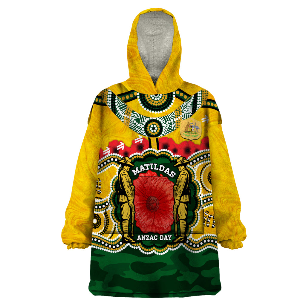 Matildas ANZAC Day 2024 Wearable Blanket Hoodie Australian Army We Will Remember Them Aboriginal Art