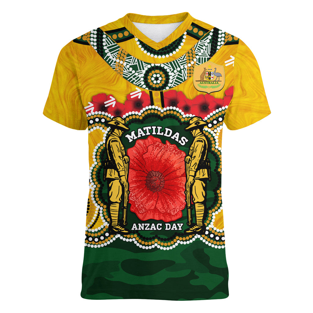 Matildas ANZAC Day 2024 Women V Neck T Shirt Australian Army We Will Remember Them Aboriginal Art