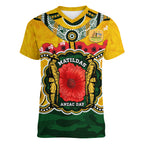 Matildas ANZAC Day 2024 Women V Neck T Shirt Australian Army We Will Remember Them Aboriginal Art