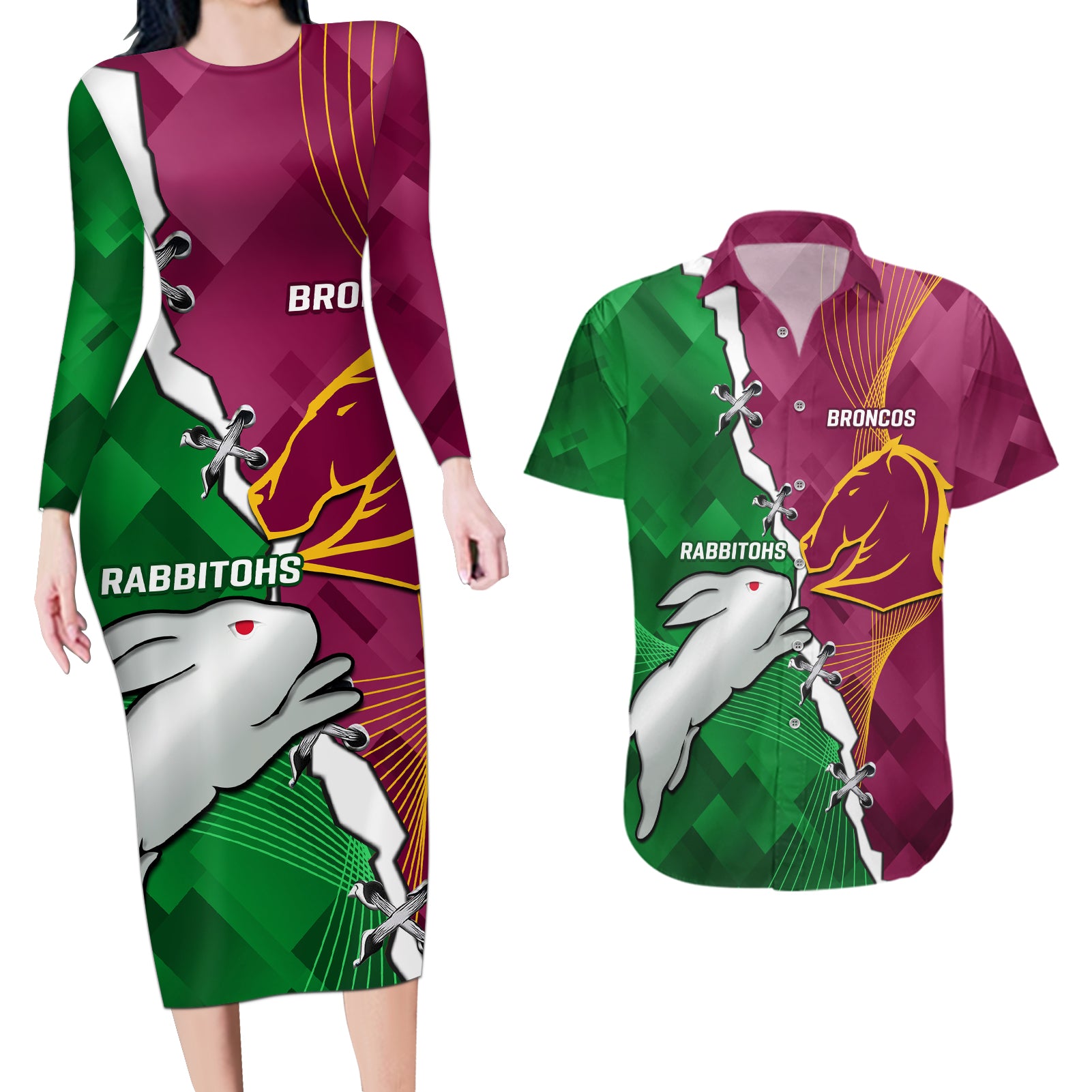 Personalised Broncos And Rabbitohs Couples Matching Long Sleeve Bodycon Dress and Hawaiian Shirt 2024 Together Dynamic Style