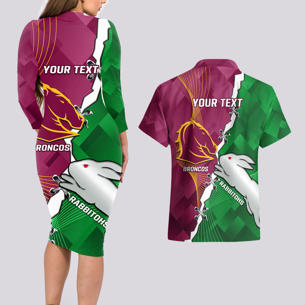 Personalised Broncos And Rabbitohs Couples Matching Long Sleeve Bodycon Dress and Hawaiian Shirt 2024 Together Dynamic Style