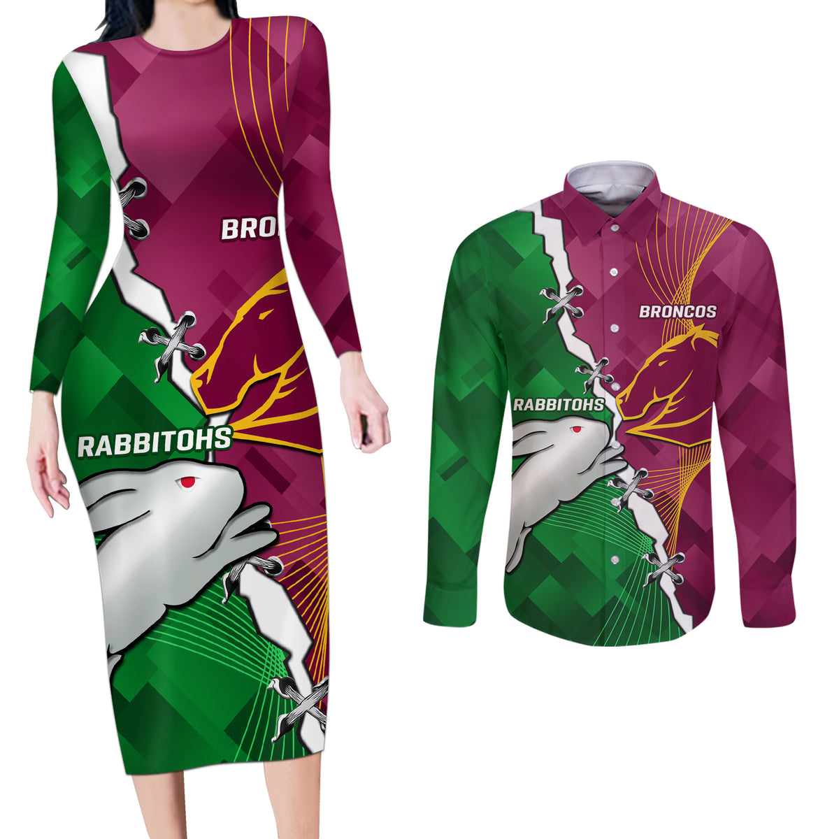 Personalised Broncos And Rabbitohs Couples Matching Long Sleeve Bodycon Dress and Long Sleeve Button Shirt 2024 Together Dynamic Style