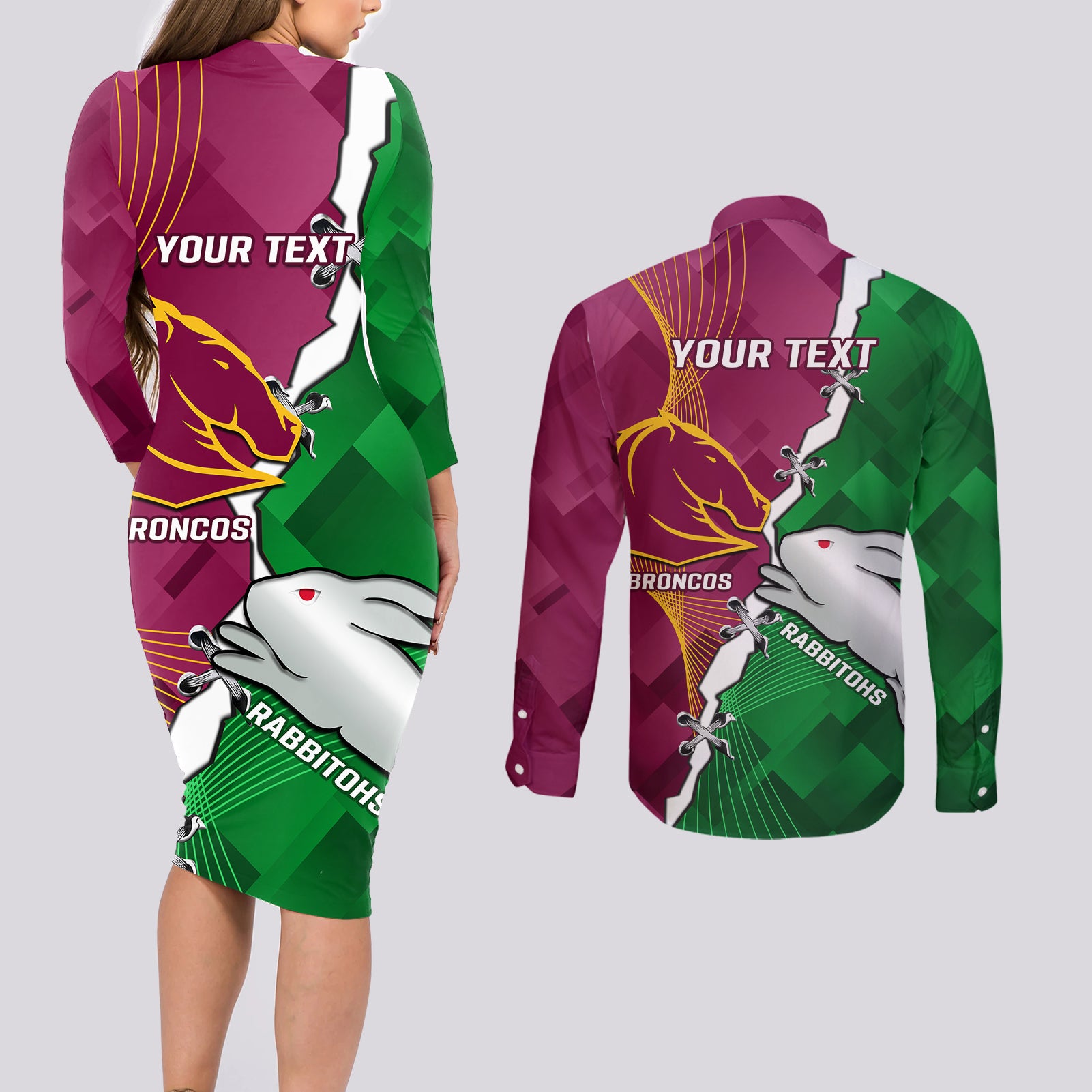 Personalised Broncos And Rabbitohs Couples Matching Long Sleeve Bodycon Dress and Long Sleeve Button Shirt 2024 Together Dynamic Style