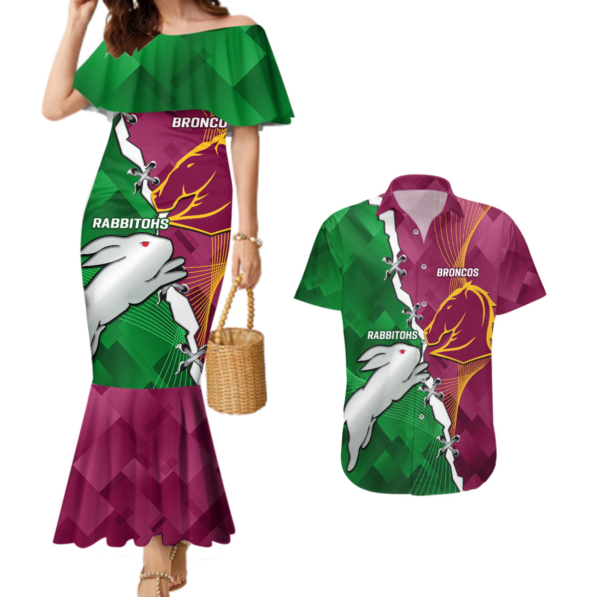 Personalised Broncos And Rabbitohs Couples Matching Mermaid Dress and Hawaiian Shirt 2024 Together Dynamic Style