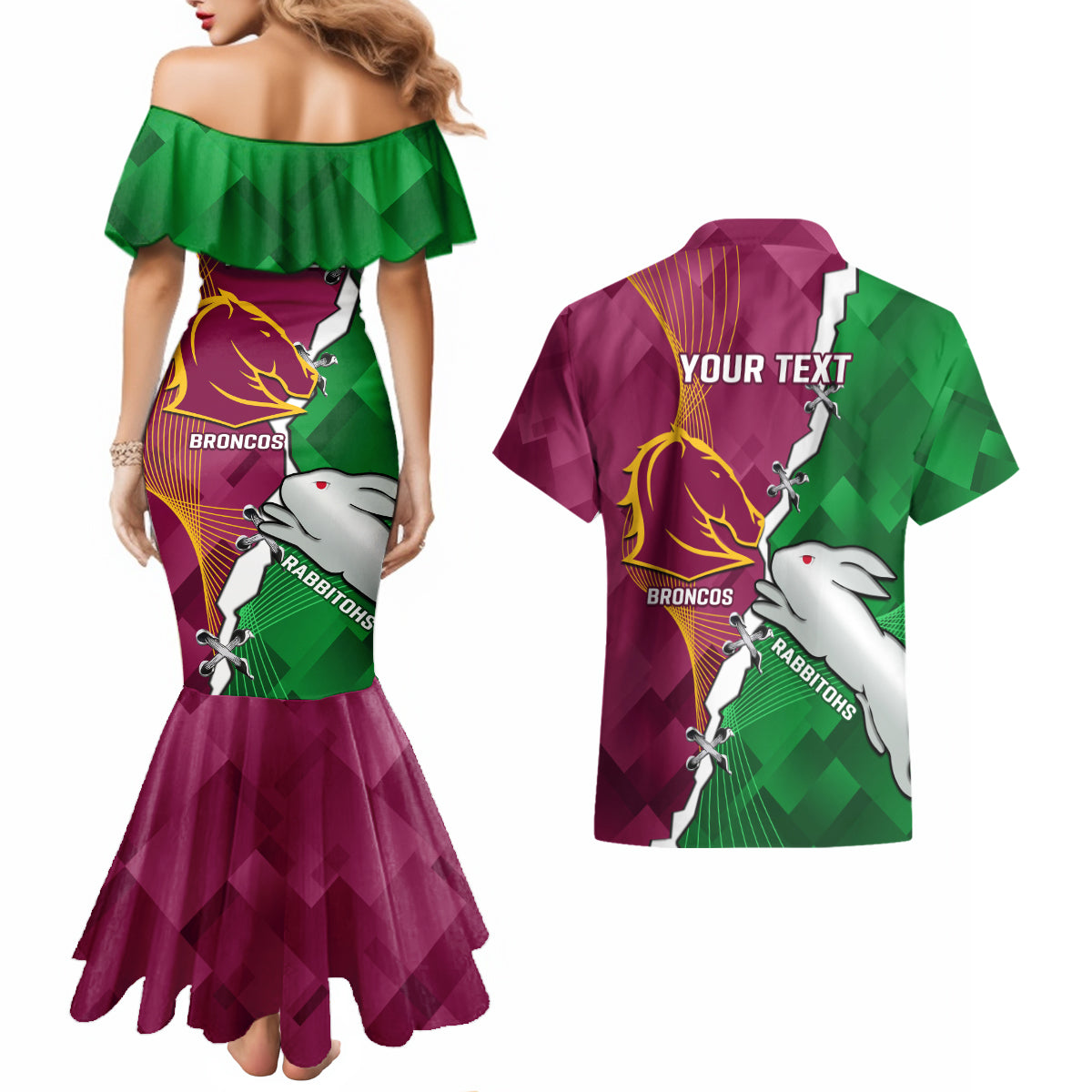 Personalised Broncos And Rabbitohs Couples Matching Mermaid Dress and Hawaiian Shirt 2024 Together Dynamic Style