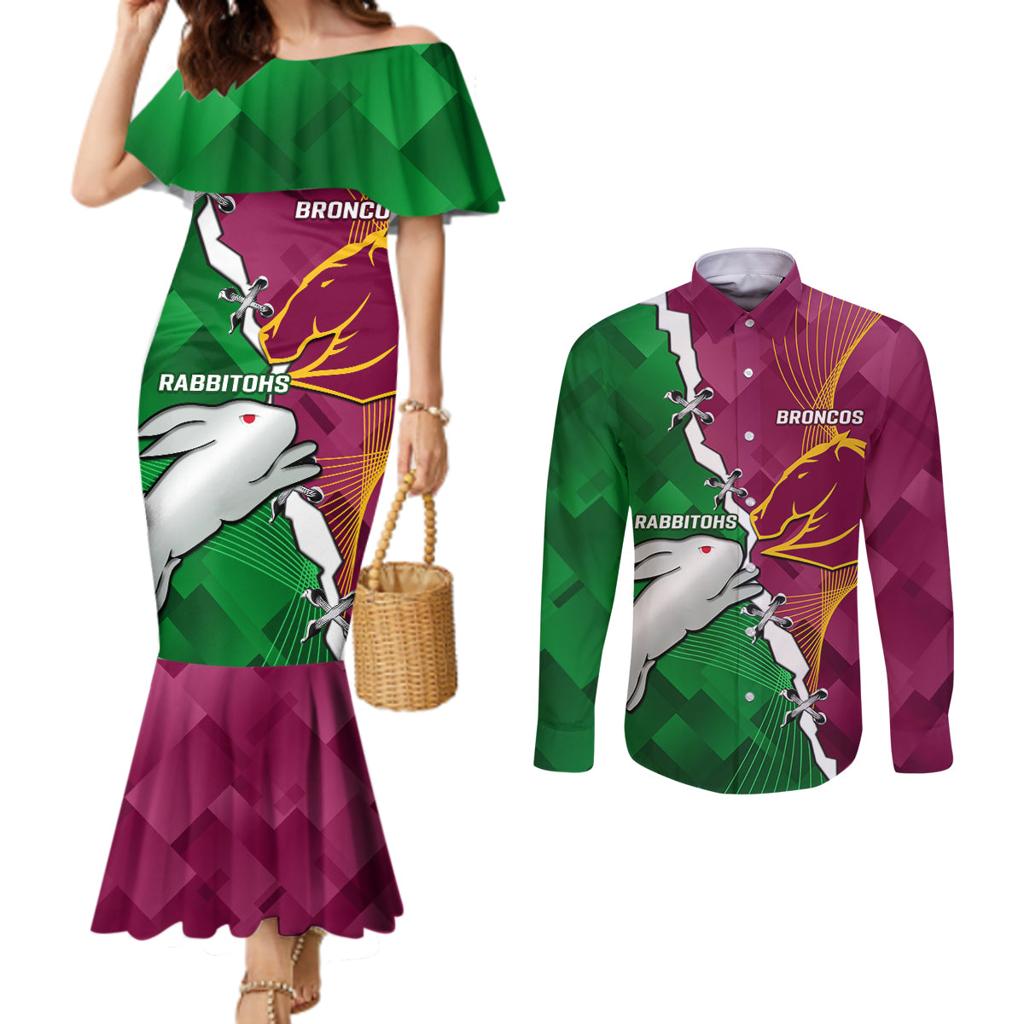 Personalised Broncos And Rabbitohs Couples Matching Mermaid Dress and Long Sleeve Button Shirt 2024 Together Dynamic Style