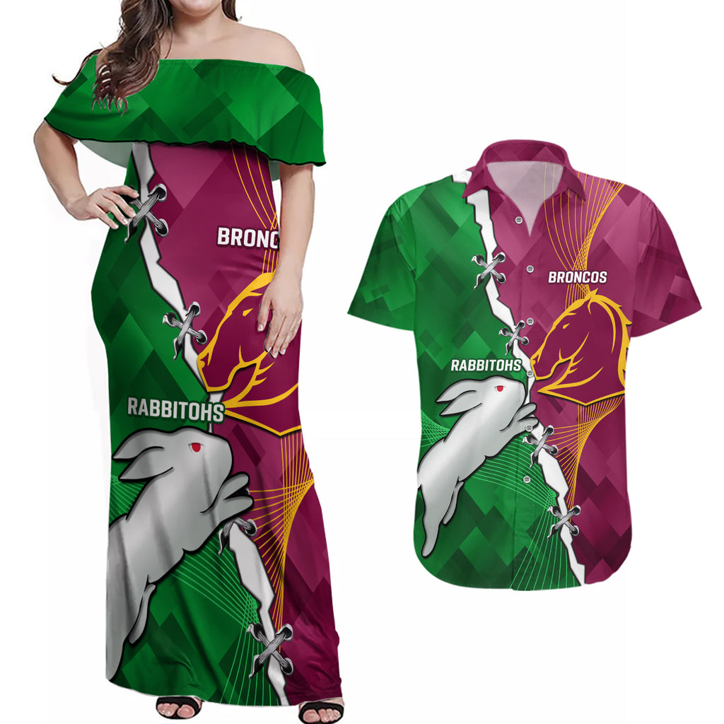 Personalised Broncos And Rabbitohs Couples Matching Off Shoulder Maxi Dress and Hawaiian Shirt 2024 Together Dynamic Style