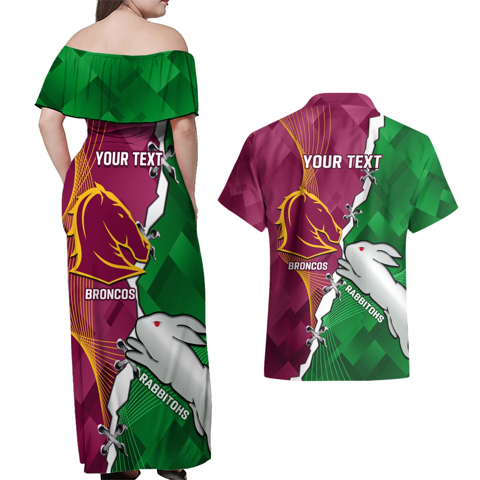 Personalised Broncos And Rabbitohs Couples Matching Off Shoulder Maxi Dress and Hawaiian Shirt 2024 Together Dynamic Style