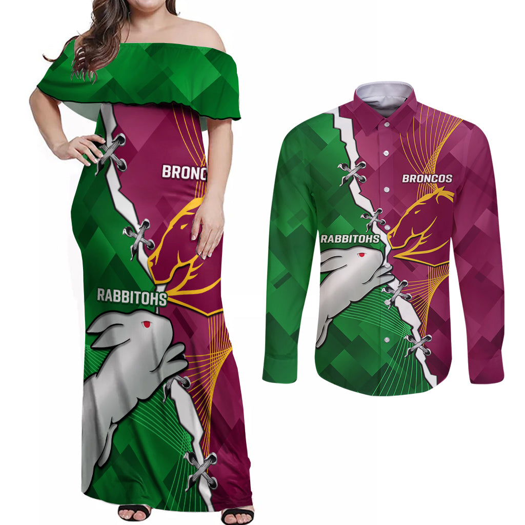 Personalised Broncos And Rabbitohs Couples Matching Off Shoulder Maxi Dress and Long Sleeve Button Shirt 2024 Together Dynamic Style