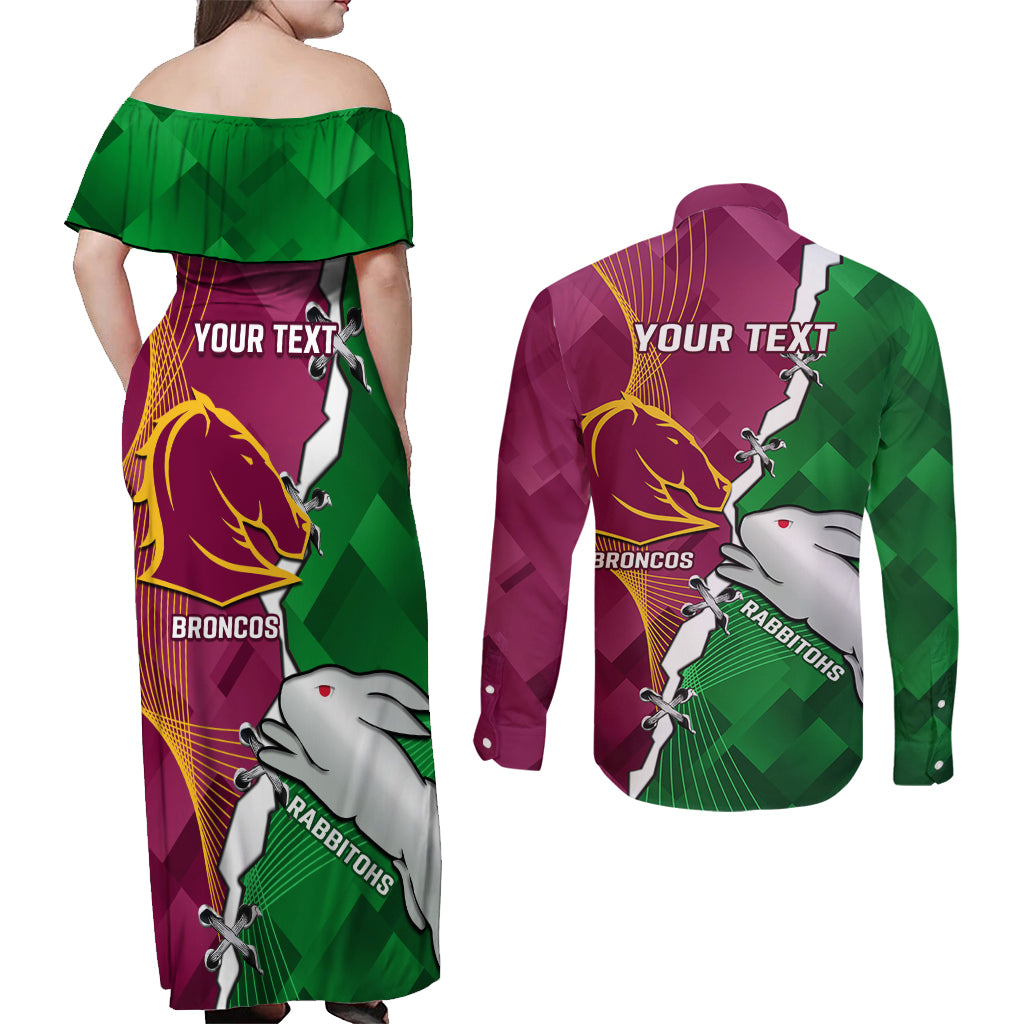 Personalised Broncos And Rabbitohs Couples Matching Off Shoulder Maxi Dress and Long Sleeve Button Shirt 2024 Together Dynamic Style