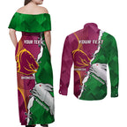 Personalised Broncos And Rabbitohs Couples Matching Off Shoulder Maxi Dress and Long Sleeve Button Shirt 2024 Together Dynamic Style