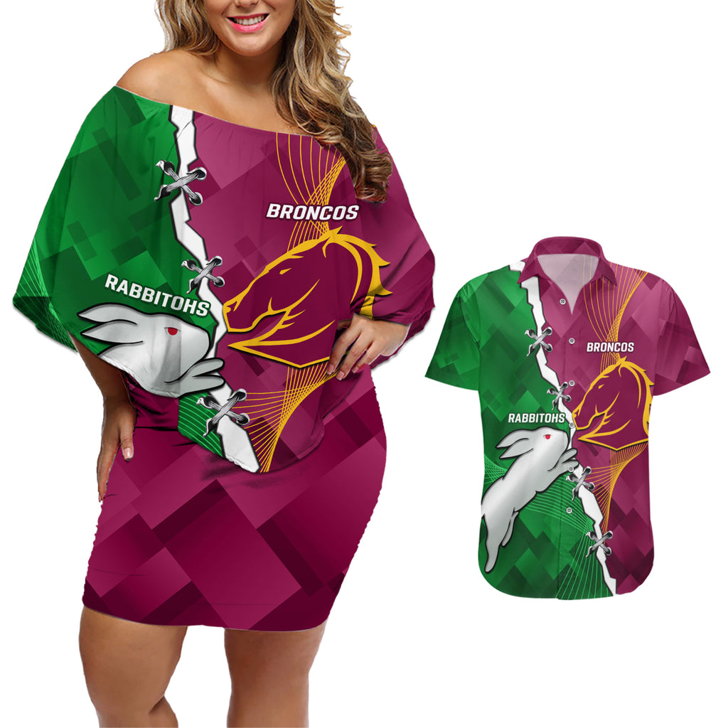 Personalised Broncos And Rabbitohs Couples Matching Off Shoulder Short Dress and Hawaiian Shirt 2024 Together Dynamic Style
