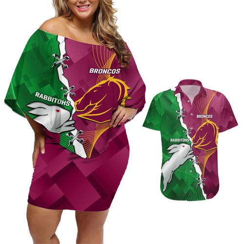 Personalised Broncos And Rabbitohs Couples Matching Off Shoulder Short Dress and Hawaiian Shirt 2024 Together Dynamic Style