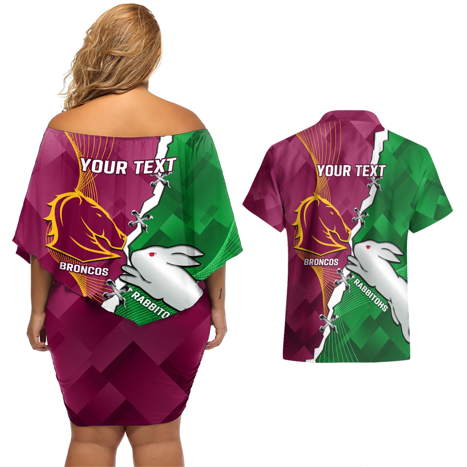 Personalised Broncos And Rabbitohs Couples Matching Off Shoulder Short Dress and Hawaiian Shirt 2024 Together Dynamic Style