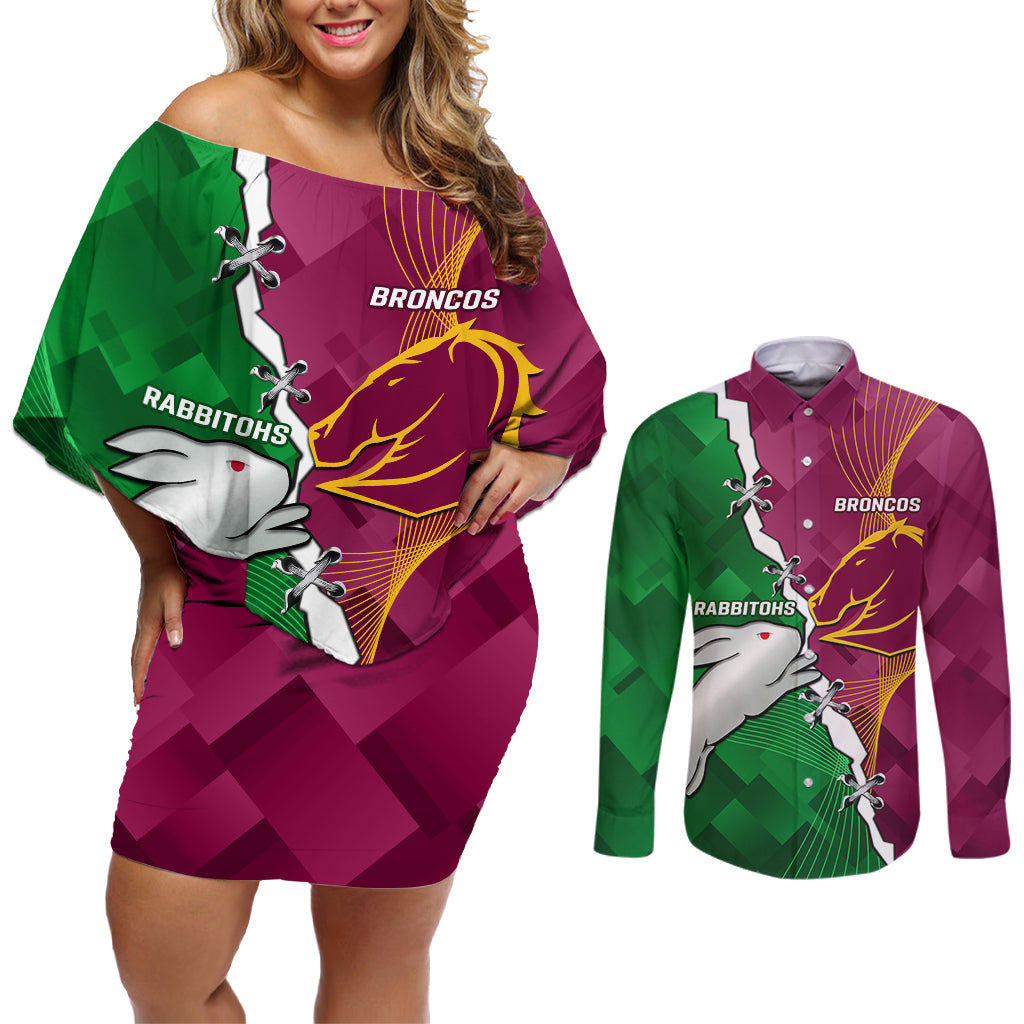 Personalised Broncos And Rabbitohs Couples Matching Off Shoulder Short Dress and Long Sleeve Button Shirt 2024 Together Dynamic Style