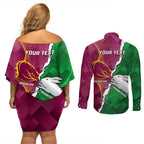 Personalised Broncos And Rabbitohs Couples Matching Off Shoulder Short Dress and Long Sleeve Button Shirt 2024 Together Dynamic Style