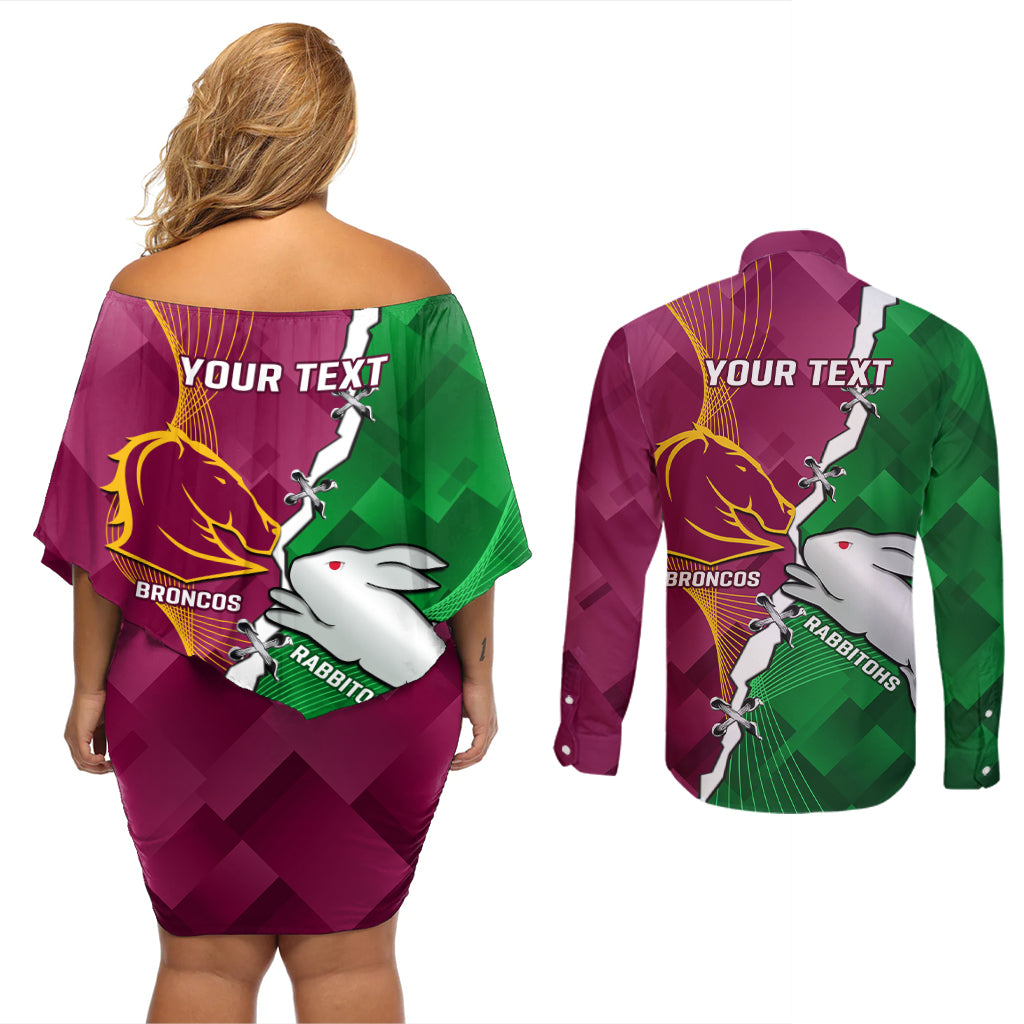 Personalised Broncos And Rabbitohs Couples Matching Off Shoulder Short Dress and Long Sleeve Button Shirt 2024 Together Dynamic Style