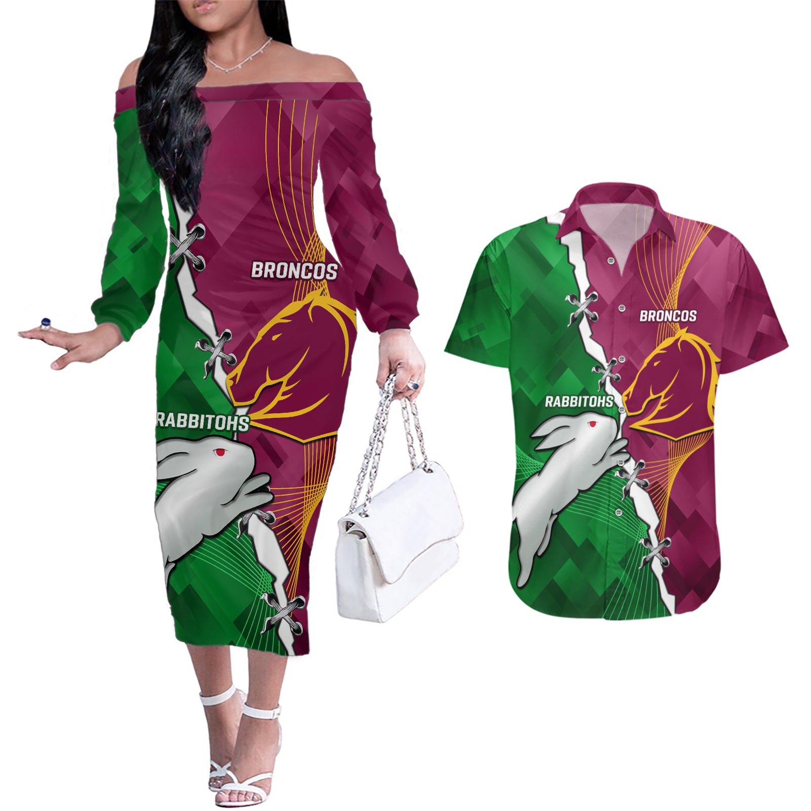 Personalised Broncos And Rabbitohs Couples Matching Off The Shoulder Long Sleeve Dress and Hawaiian Shirt 2024 Together Dynamic Style
