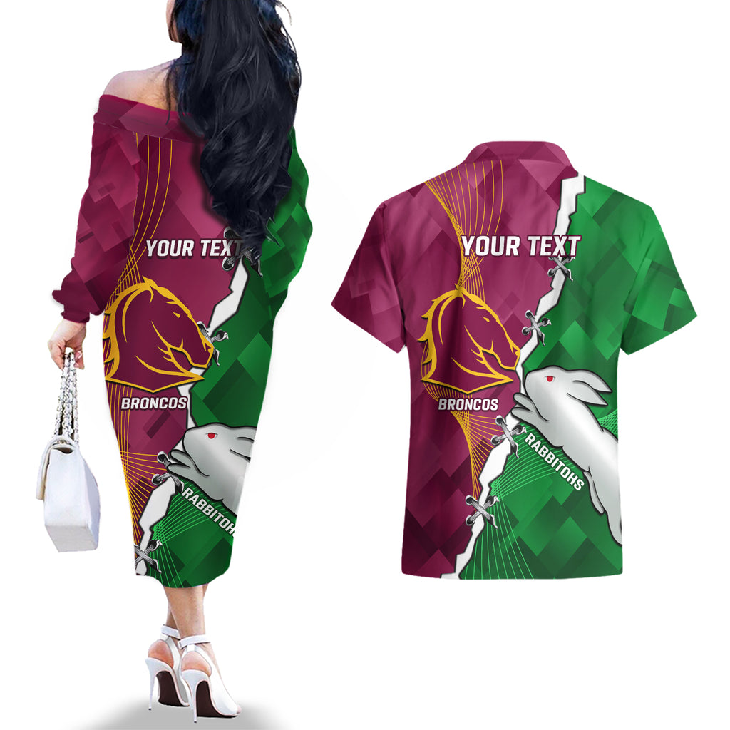 Personalised Broncos And Rabbitohs Couples Matching Off The Shoulder Long Sleeve Dress and Hawaiian Shirt 2024 Together Dynamic Style