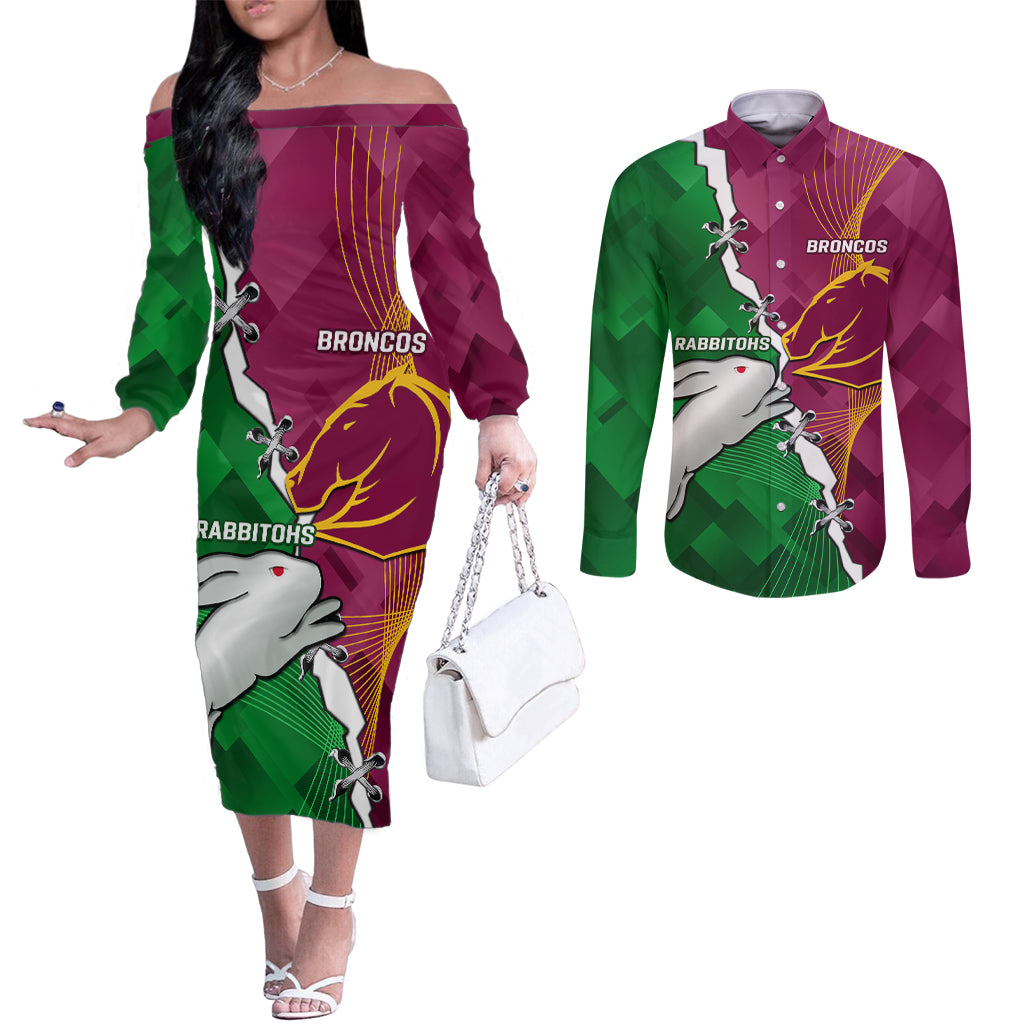 Personalised Broncos And Rabbitohs Couples Matching Off The Shoulder Long Sleeve Dress and Long Sleeve Button Shirt 2024 Together Dynamic Style
