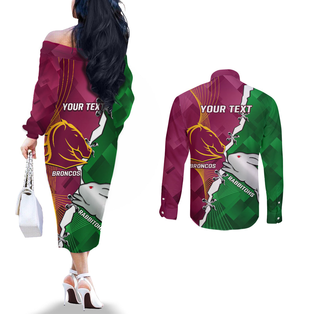 Personalised Broncos And Rabbitohs Couples Matching Off The Shoulder Long Sleeve Dress and Long Sleeve Button Shirt 2024 Together Dynamic Style