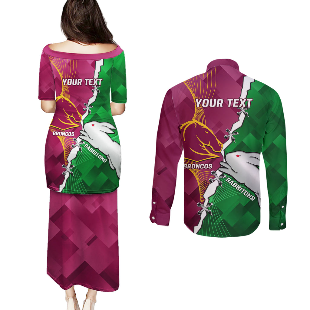 Personalised Broncos And Rabbitohs Couples Matching Puletasi and Long Sleeve Button Shirt 2024 Together Dynamic Style