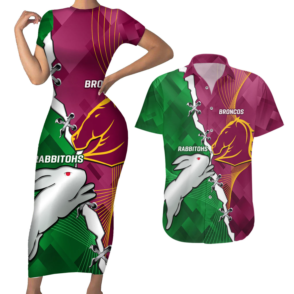 Personalised Broncos And Rabbitohs Couples Matching Short Sleeve Bodycon Dress and Hawaiian Shirt 2024 Together Dynamic Style