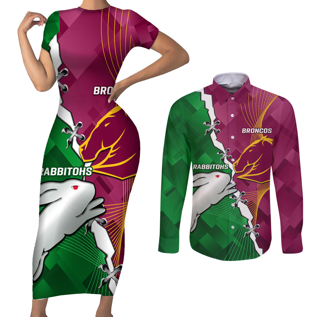 Personalised Broncos And Rabbitohs Couples Matching Short Sleeve Bodycon Dress and Long Sleeve Button Shirt 2024 Together Dynamic Style