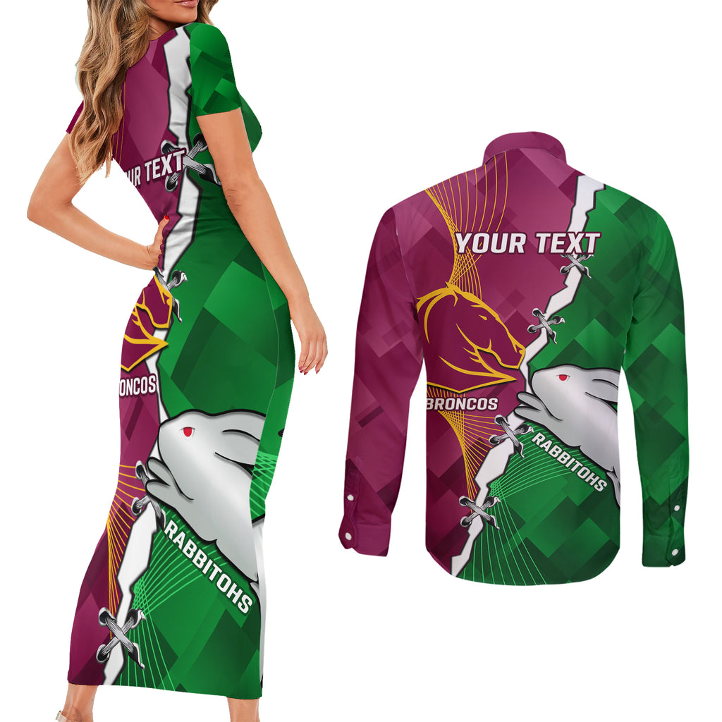 Personalised Broncos And Rabbitohs Couples Matching Short Sleeve Bodycon Dress and Long Sleeve Button Shirt 2024 Together Dynamic Style